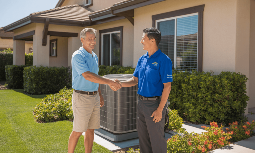 HVAC technician checking outdoor AC – Seasonal HVAC Prep.
