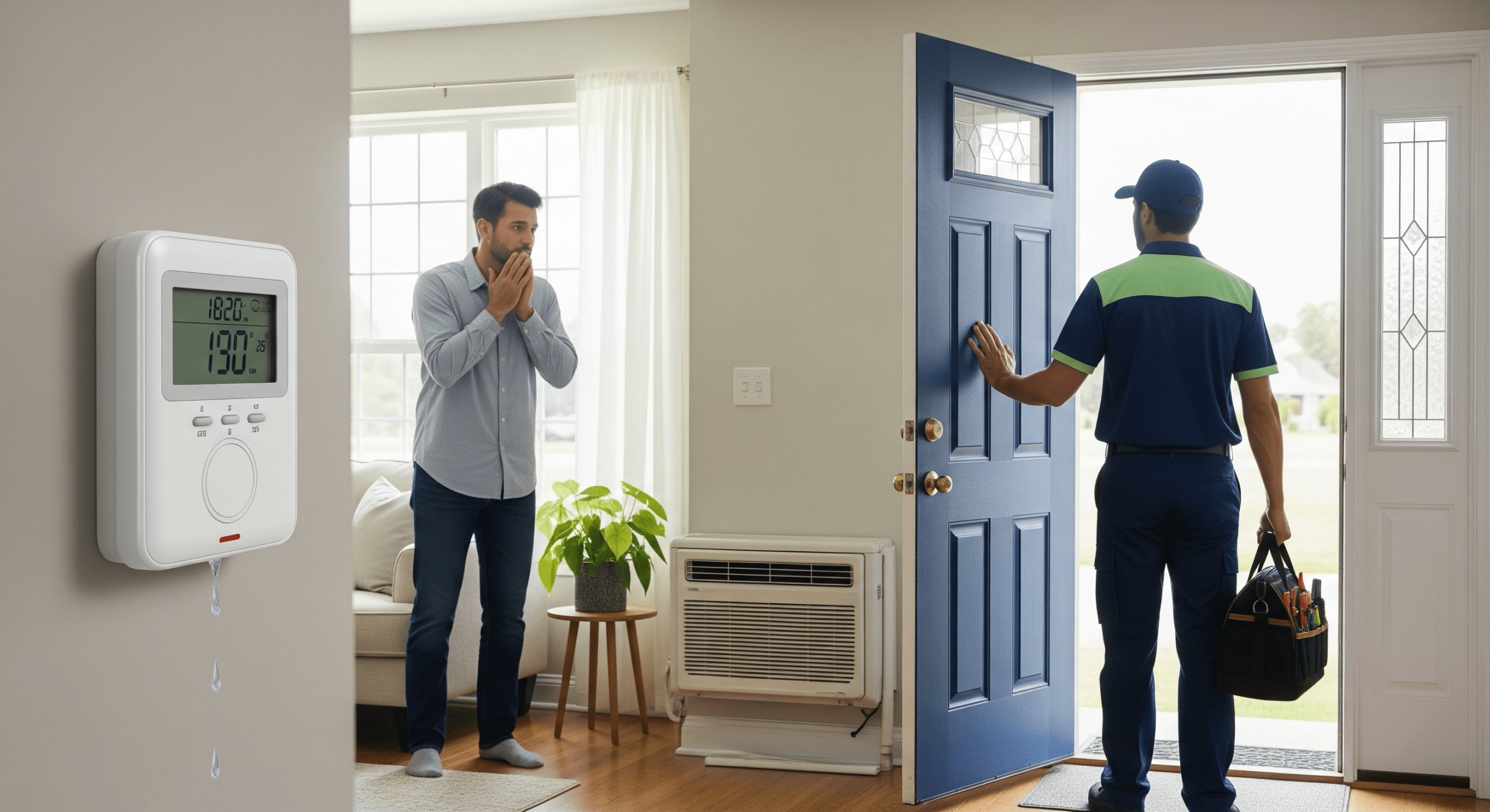 Homeowner reacting to AC malfunction while technician arrives.