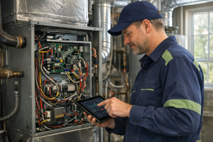 HVAC contractor using digital diagnostics to inspect control board