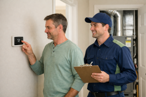 Homeowner reviewing thermostat settings with heating technician