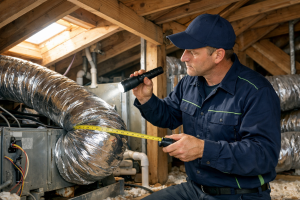 HVAC technician inspecting ductwork installation in attic