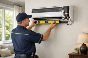 Mini split installation technician leveling indoor unit