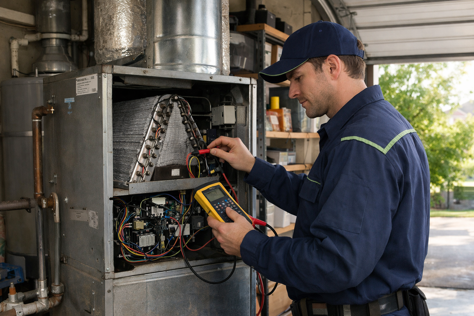 Technician testing electrical components during air conditioning repair Rancho Cucamonga service