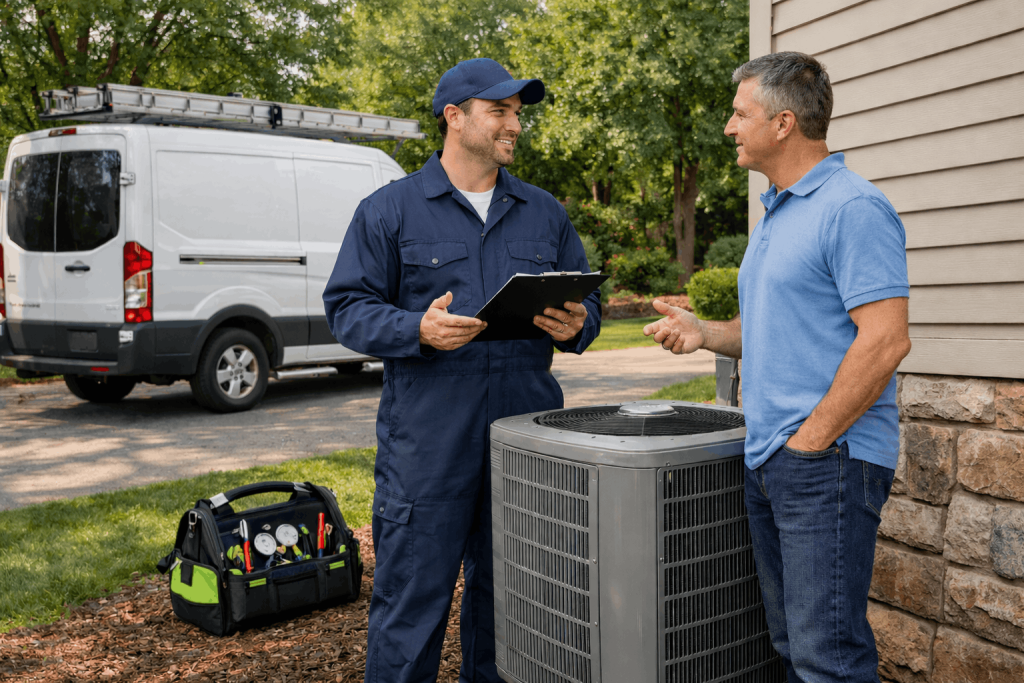 hvac technician discussing outdoor air conditioning unit service with a homeowner