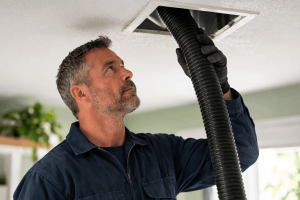 hvac technician cleaning a home air duct through a ceiling vent