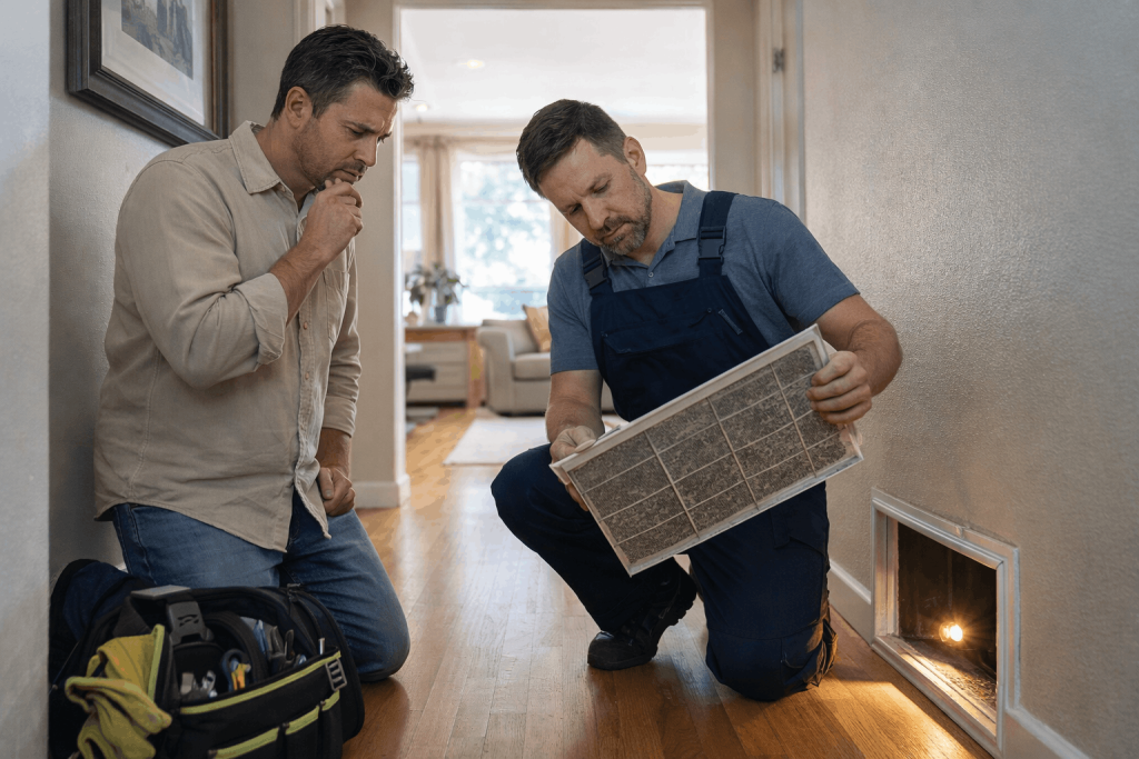 hvac technician showing a homeowner a dirty air filter during inspection