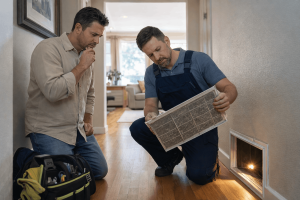 hvac technician showing a homeowner a dirty air filter during inspection