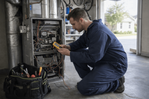 hvac technician testing furnace wiring with a digital multimeter