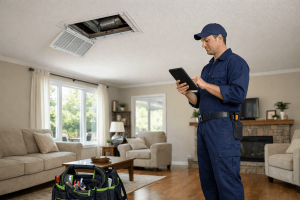 hvac technician inspecting the inside of a residential furnace with a flashlight