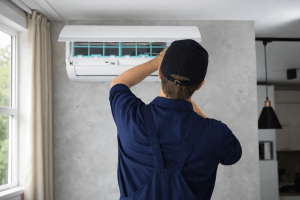hvac technician opening a wall mounted mini split air conditioner for maintenance