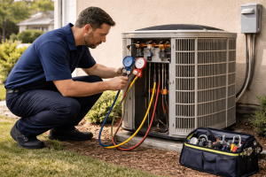 Technician checking AC unit refrigerant levels with gauges