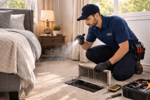 Technician inspecting and cleaning floor air vent with flashlight