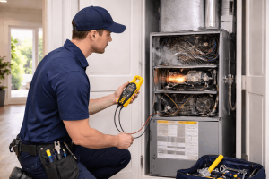 Technician performing diagnostic test on furnace system