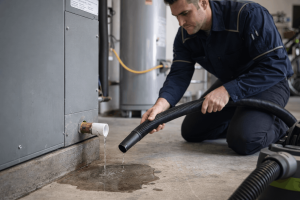 Technician removing water from HVAC condensate drain line