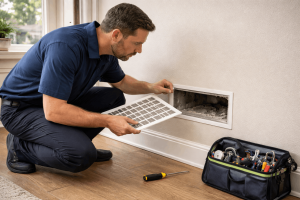 Technician removing dirty air filter from wall vent