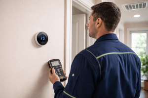 HVAC technician checking digital thermostat temperature setting