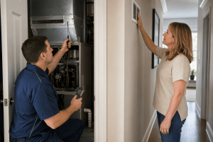 HVAC technician checking airflow while discussing ventilation concerns with a homeowner.