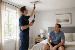 HVAC technician inspecting a ceiling air vent while a homeowner watches from a bedroom.