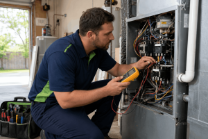 HVAC technician using diagnostic equipment to inspect electrical components inside a furnace unit.