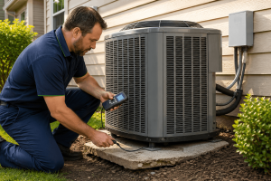 HVAC technician performing maintenance inspection on an outdoor air conditioning condenser unit.