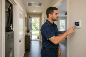 Man in a navy polo adjusts a wall thermostat in a home hallway, checking the temperature.