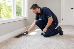 HVAC technician measuring airflow from a floor vent in a carpeted room.