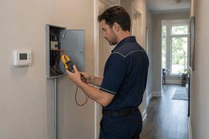 HVAC technician testing electrical components while diagnosing standby energy use.