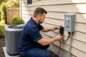 HVAC technician installing surge protection equipment beside an outdoor air conditioner.
