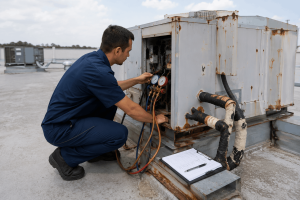 HVAC technician servicing a commercial rooftop unit using refrigerant gauges during maintenance.