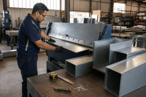 HVAC technician fabricating custom sheet metal ductwork in a workshop.