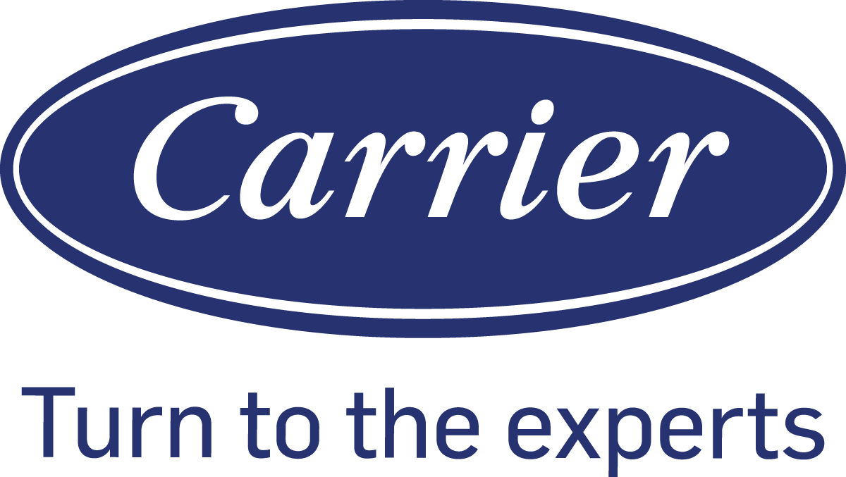 Factory Authorized Dealer badge featuring the Carrier logo in blue oval on a silver seal