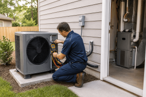 HVAC technician testing an outdoor air conditioning unit with digital refrigerant gauges