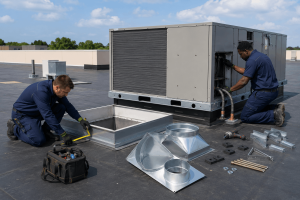 Two HVAC technicians installing and measuring ductwork around a commercial rooftop HVAC unit