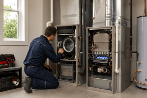 HVAC technician kneels and inspects an open furnace cabinet in a utility room.