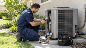 HVAC technician using a digital meter to diagnose a residential outdoor air conditioning unit.