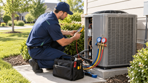 HVAC technician testing a residential outdoor air conditioning unit with diagnostic tools and manifold gauges.