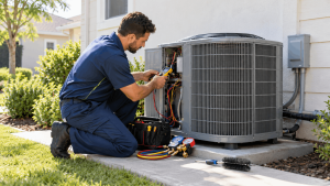 HVAC technician inspecting the electrical components inside an outdoor air conditioning unit.