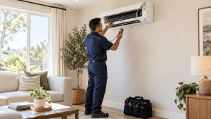 Technician in navy uniform servicing a wall-mounted air conditioner in a bright living room, using a handheld diagnostic device.