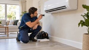 HVAC technician inspecting a leaking wall-mounted mini split air conditioner in a living room.