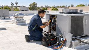 HVAC technician diagnosing a commercial rooftop air conditioning unit with a digital meter.