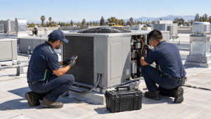 Two HVAC technicians in navy uniforms work on a rooftop air conditioning unit, using tools and a handheld tester.