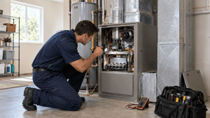 HVAC technician using a flashlight to inspect the internal components of a residential furnace.