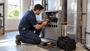 HVAC technician using a digital meter to test components inside a residential furnace.