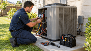 HVAC technician using manifold gauges while servicing a residential outdoor air conditioning unit.